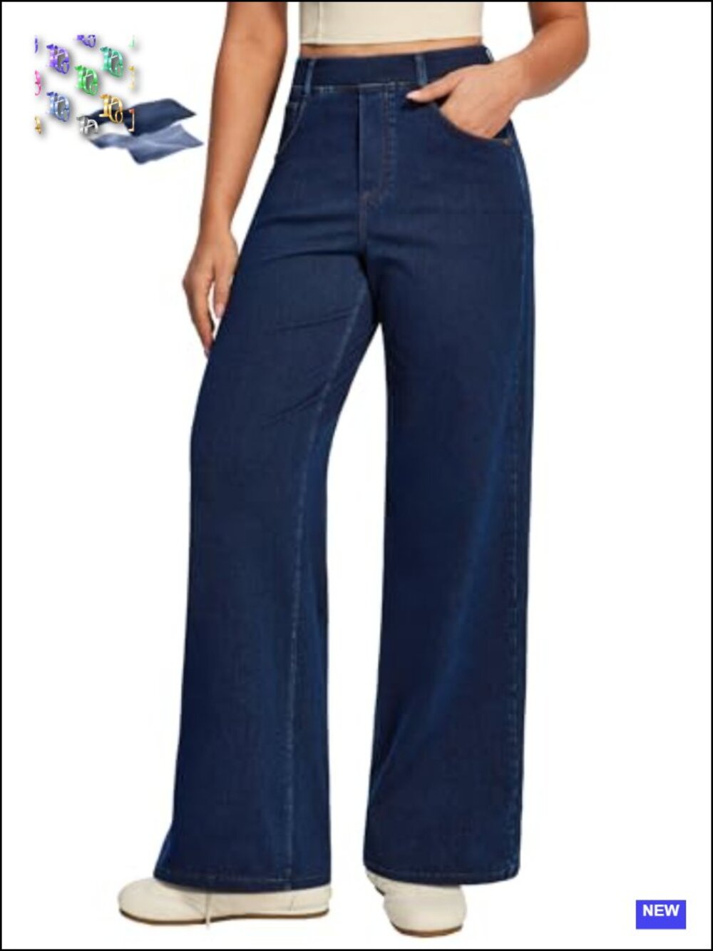 Wide Leg High Waisted Pull On Stretchy Jeans with Pockets